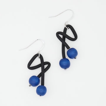 Blue and black sculptural statement earrings with silver plated French hooks