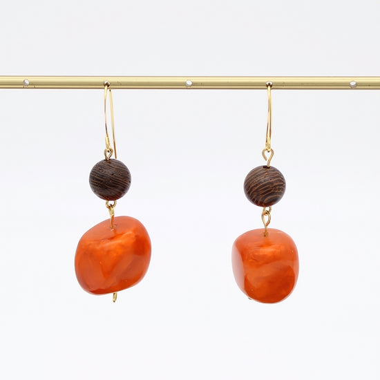 Orange resin and brown wood earrings hanging display