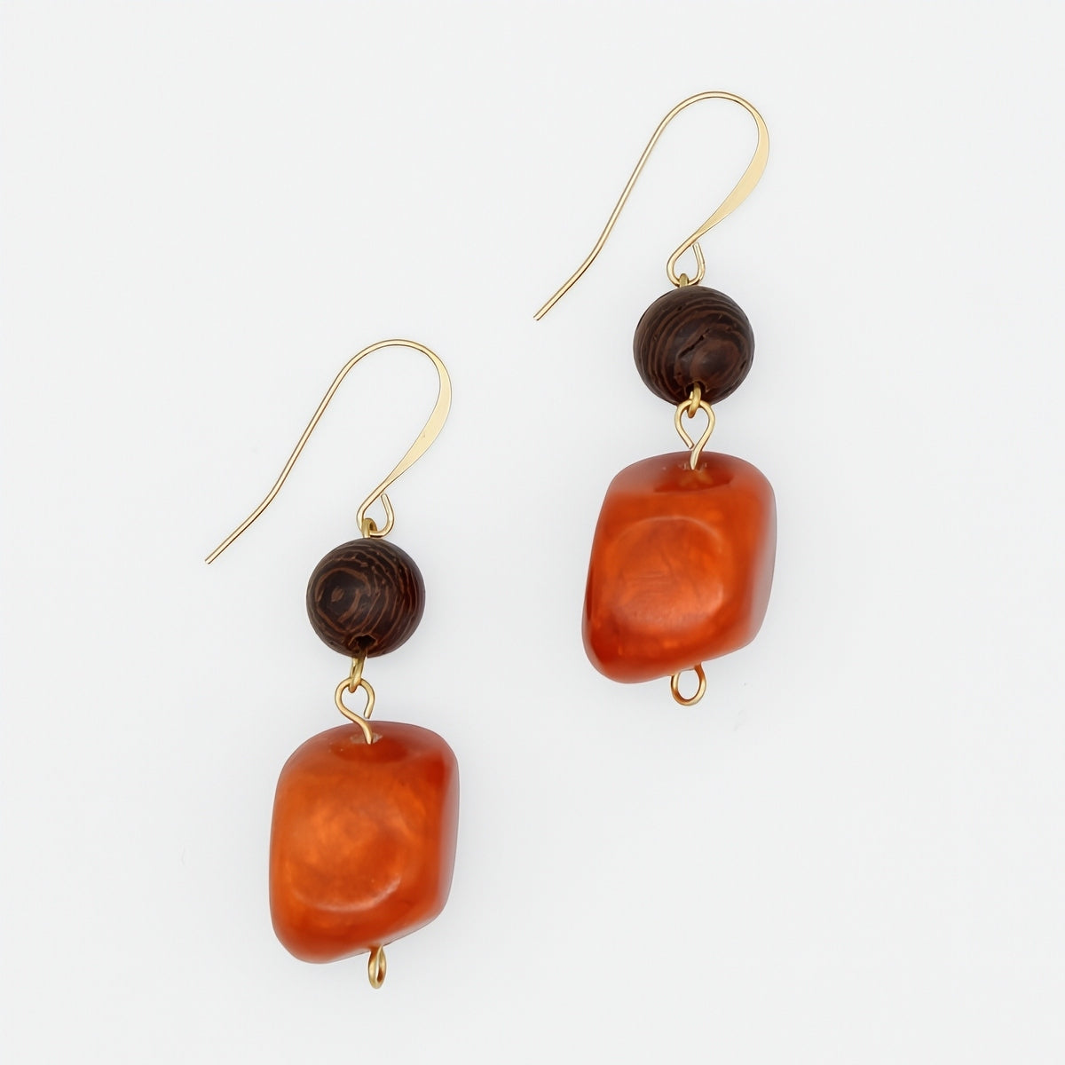 Orange resin and brown wood drop earrings with gold plated French hooks