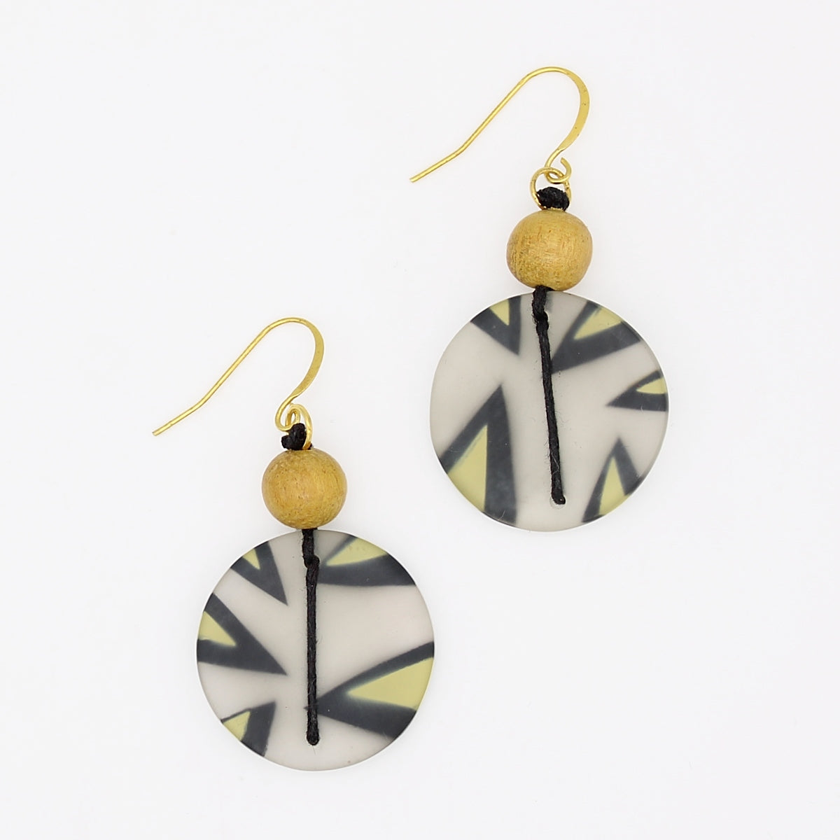 Yellow black and natural resin disc earrings with wood bead and gold plated hooks