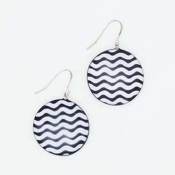 Black and white wavy resin disc earrings with silver plated hooks