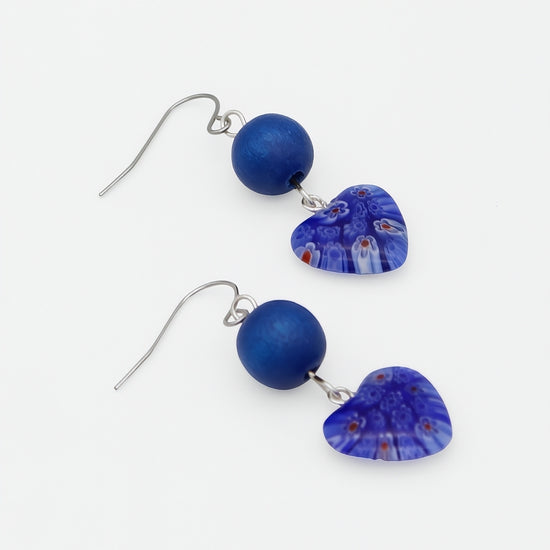 Blue heart resin and wood earrings angled product view