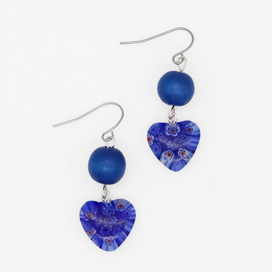 Blue floral heart resin and wood earrings with silver plated French hooks