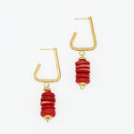 Red statement drop earrings with gold tone geometric hoops