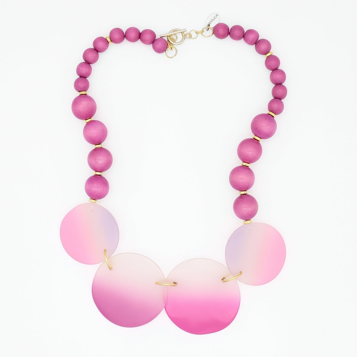 Necklace with pink and white beaded design on a white background