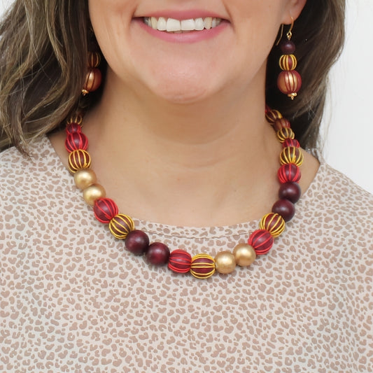 Maroon and Gold Threaded Art Deco Necklace