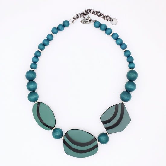 Teal resin and wood geometric statement necklace with round beads, striped resin pieces and extender chain