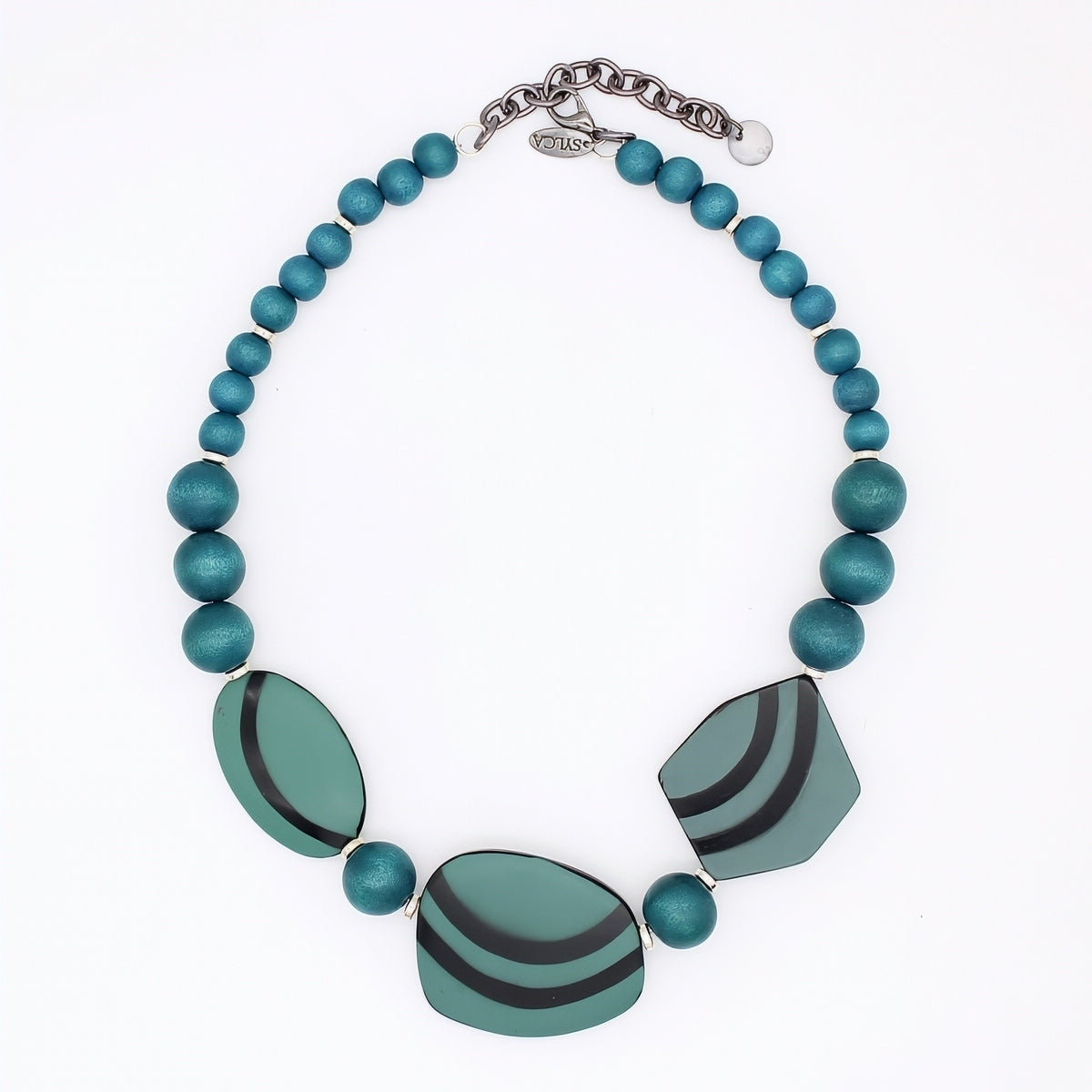 Teal resin and wood geometric statement necklace with round beads, striped resin pieces and extender chain