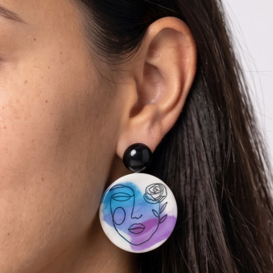 Abstract Face Decoupage Earrings | Blue & Purple Wood Statement Earrings – Sylca Designs