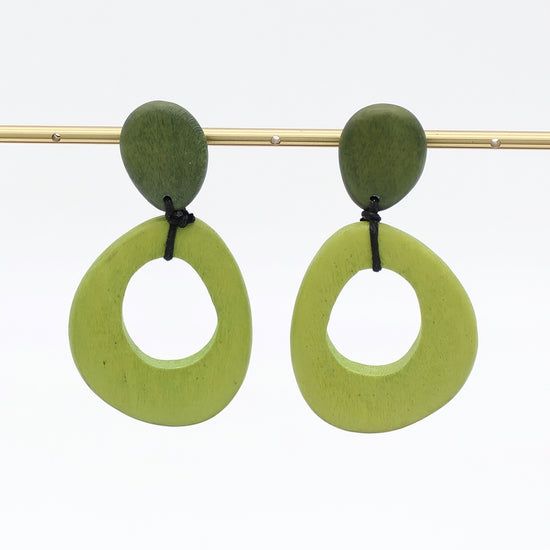 Green lightweight wood statement earrings angled detail