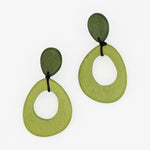 Green lightweight wood statement earrings shown on model