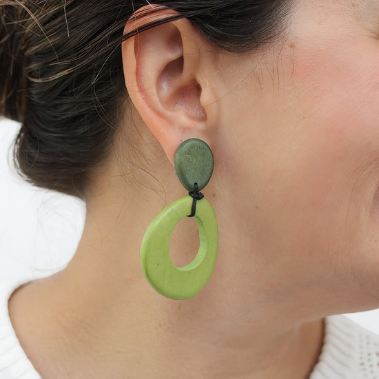 Green lightweight wood statement earrings product view
