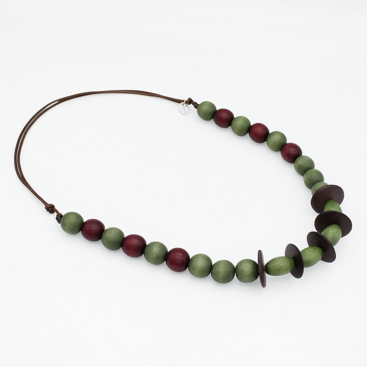 Olive green and burgundy wood necklace angled product view