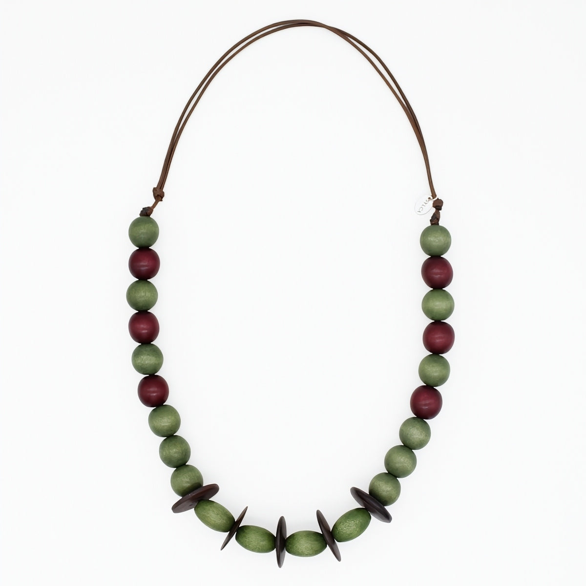 Olive green and burgundy wood statement necklace on white background
