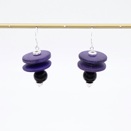 Purple and black wood statement drop earrings
