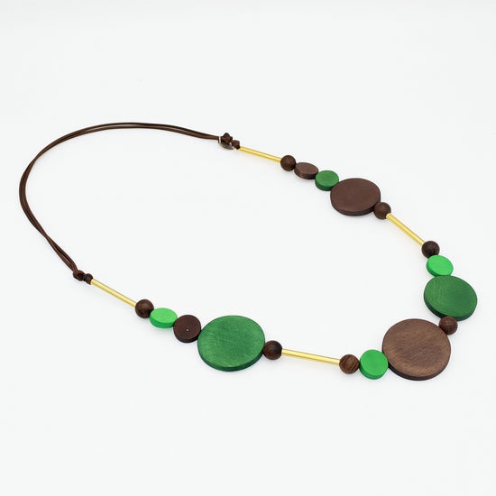 Green and brown wood circle statement necklace angled product view