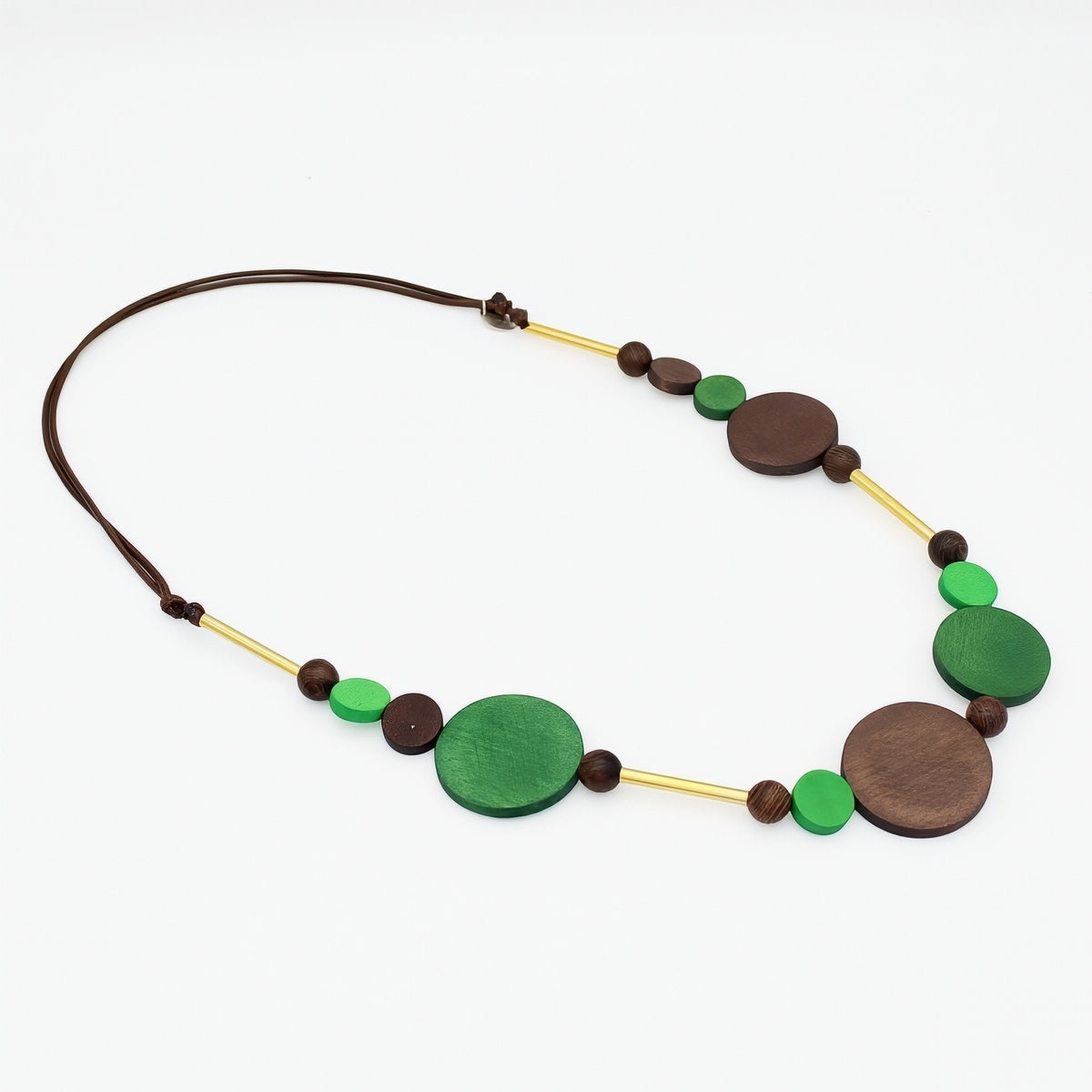 Green and brown wood circle statement necklace angled product view