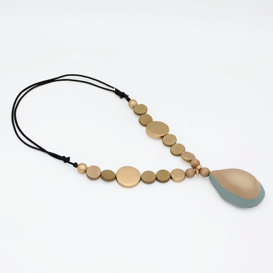 Taupe and gold wood necklace with resin pendant angled product view