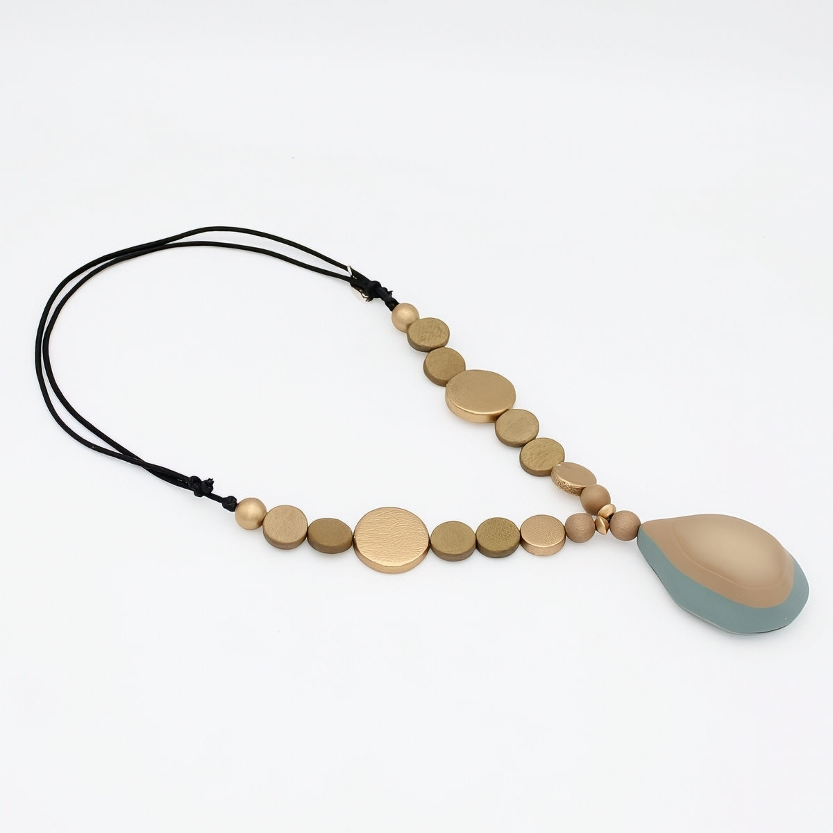 Taupe and gold wood necklace with resin pendant angled product view