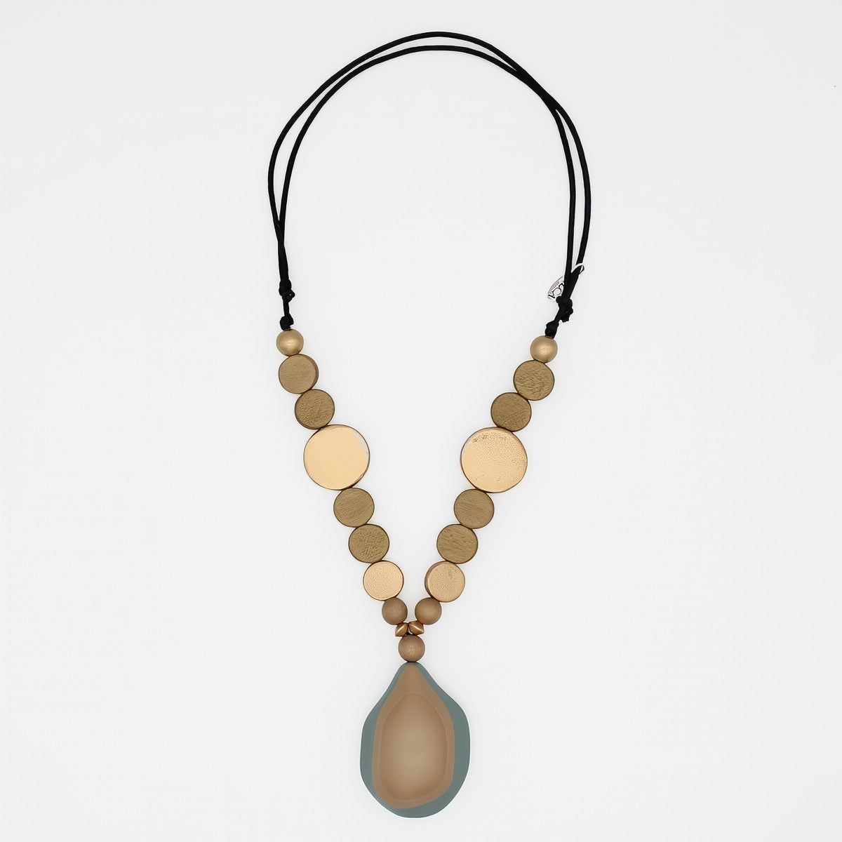 Taupe and gold wood statement necklace with layered resin pendant on white background