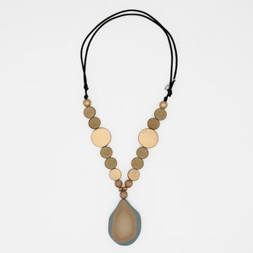 Taupe and gold wood statement necklace with layered resin pendant on white background