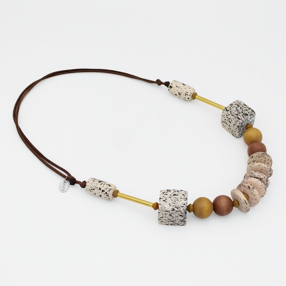 Natural wood statement necklace with speckled cream beads and gold accents angled view