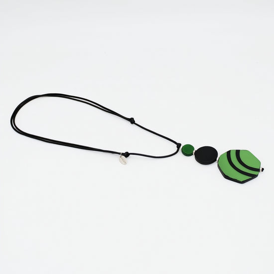 Green and black resin and wood pendant necklace angled product view