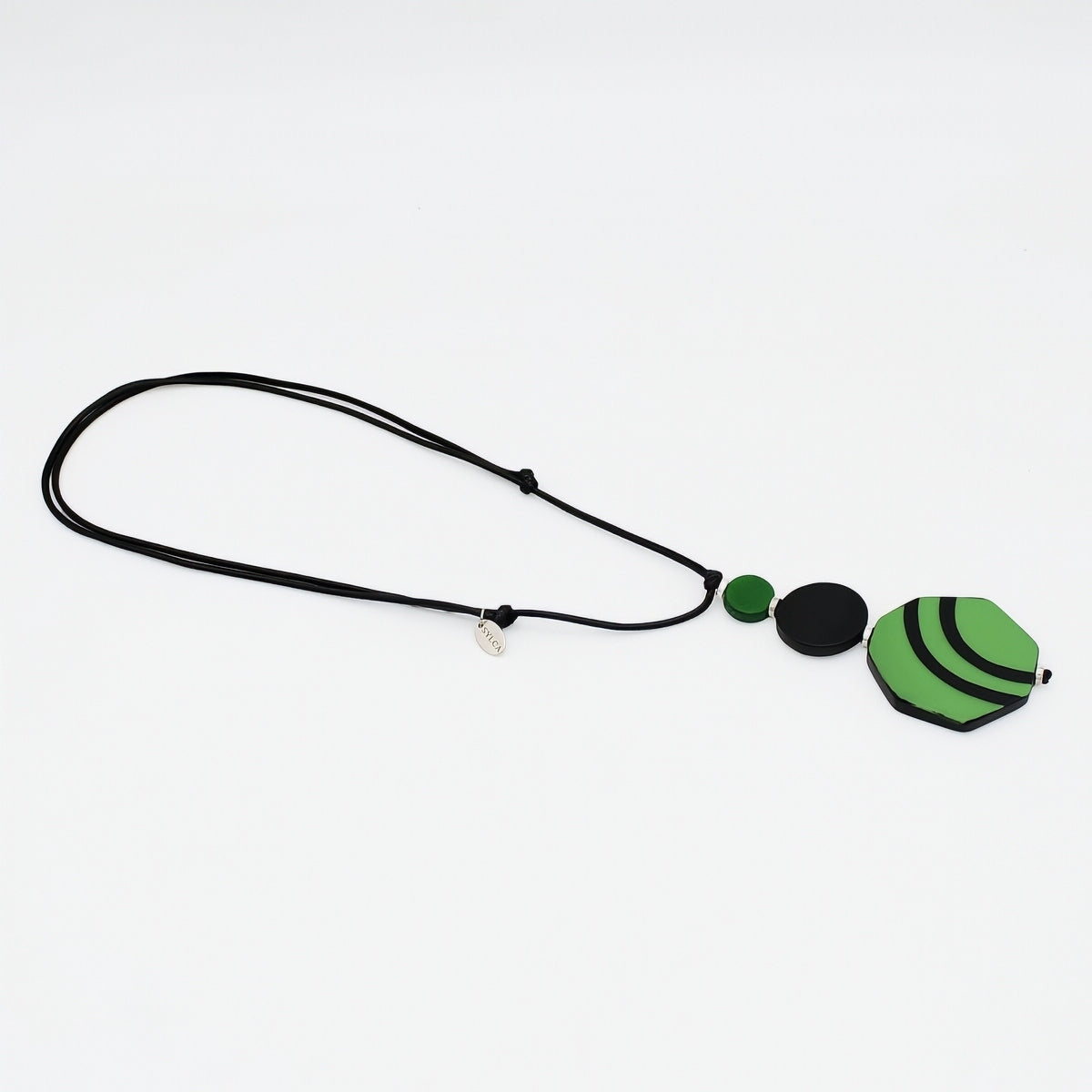 Green and black resin and wood pendant necklace angled product view