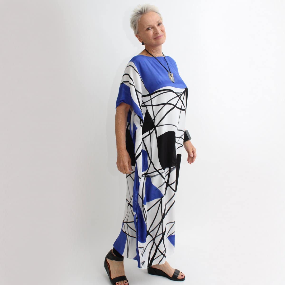 blue, black and white geometric print dress caftan