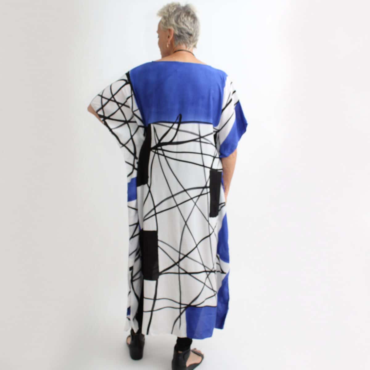 blue, black and white geometric hand painted print dress caftan