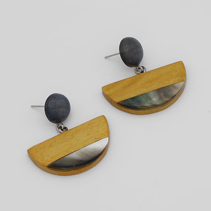 Mustard Wood and Shell Half Moon Earrings