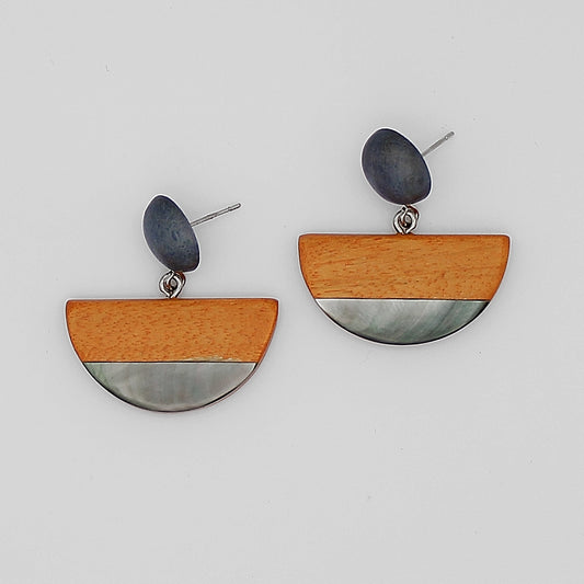 Orange Wood and Shell Half Moon Earrings