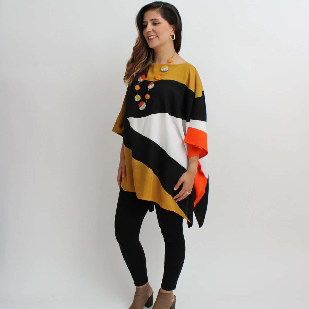 Hand painted abstract blouse in mustard, black, white and orange