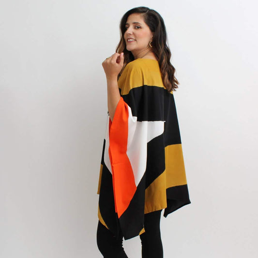 Hand painted abstract blouse in mustard, black, white and orange
