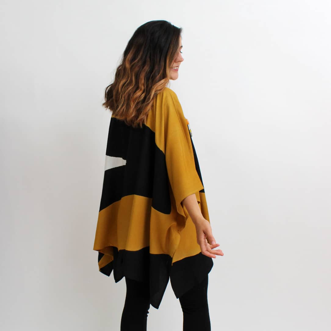 Hand painted abstract blouse in mustard, black, white and orange