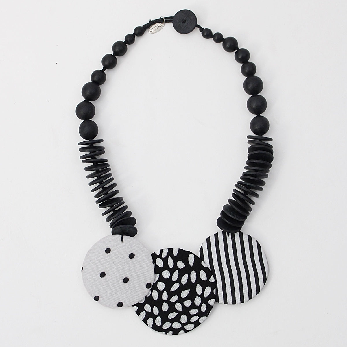 Black and White Fabric Disk Myra Pendant Necklace