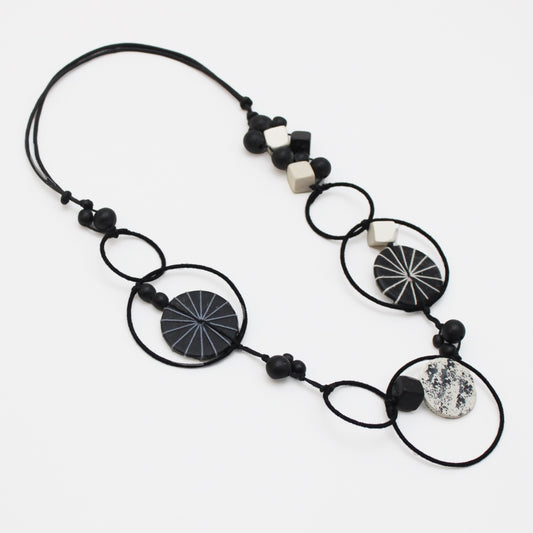 Monochromatic Hayden Disk Necklace, view 3: thread wrapped loops with black and off white wood disks