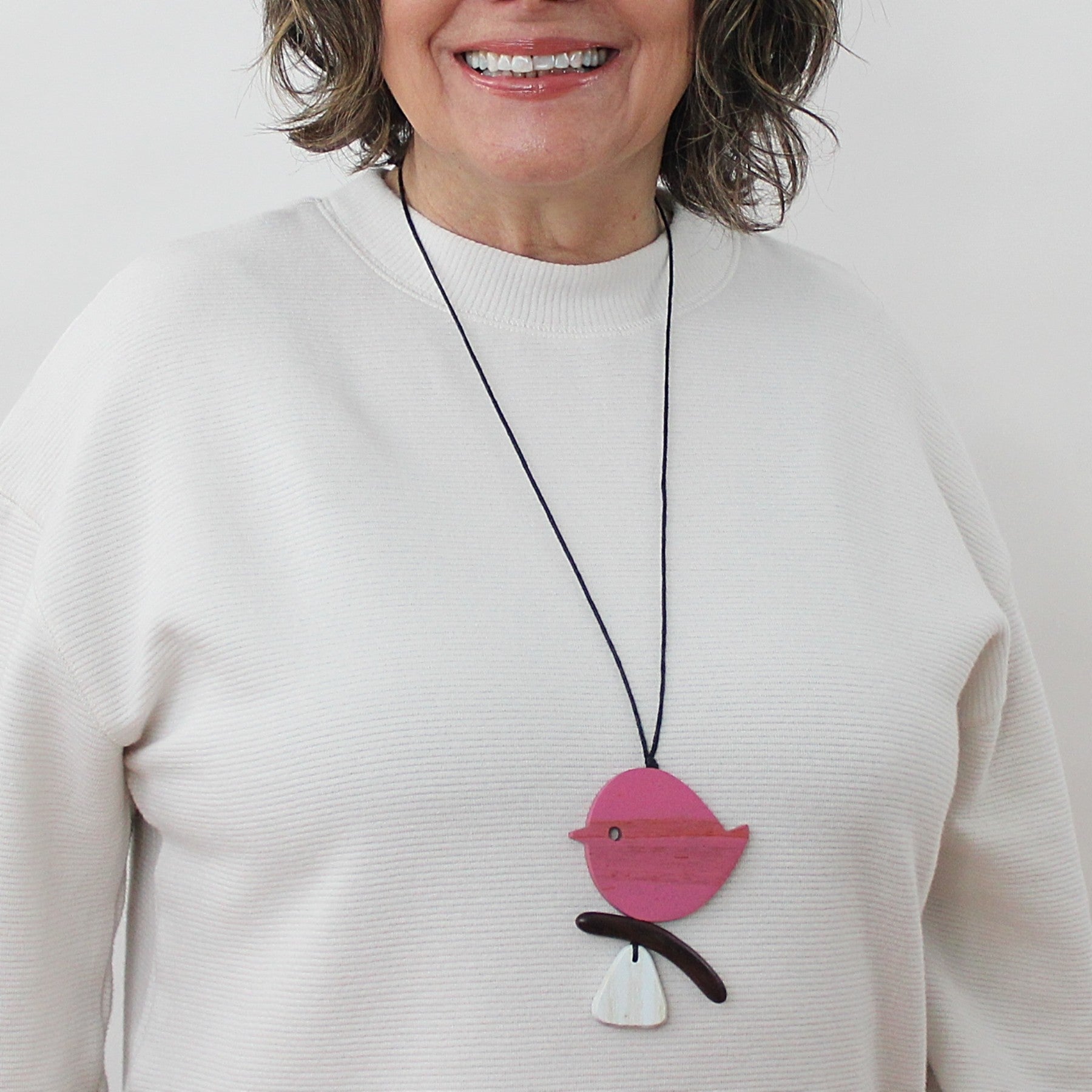 Pink bird wooden necklace