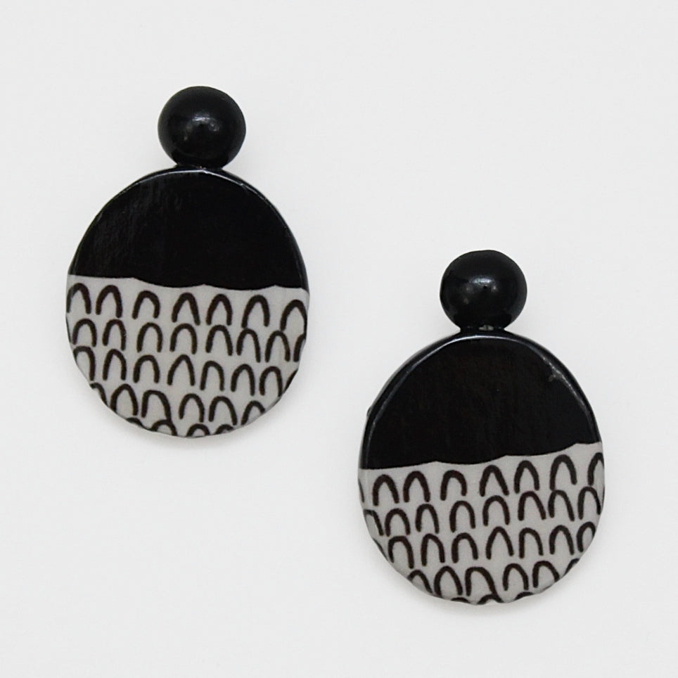 Black Round Decoupage Jolie Earrings